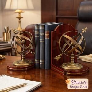 Vintage Armillary Globe Bookends Brass Arrow Mahogany Wood Set of 2